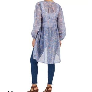 Derek Heart Blue pink Floral Sheer Tunic boho cottage core romantic medium